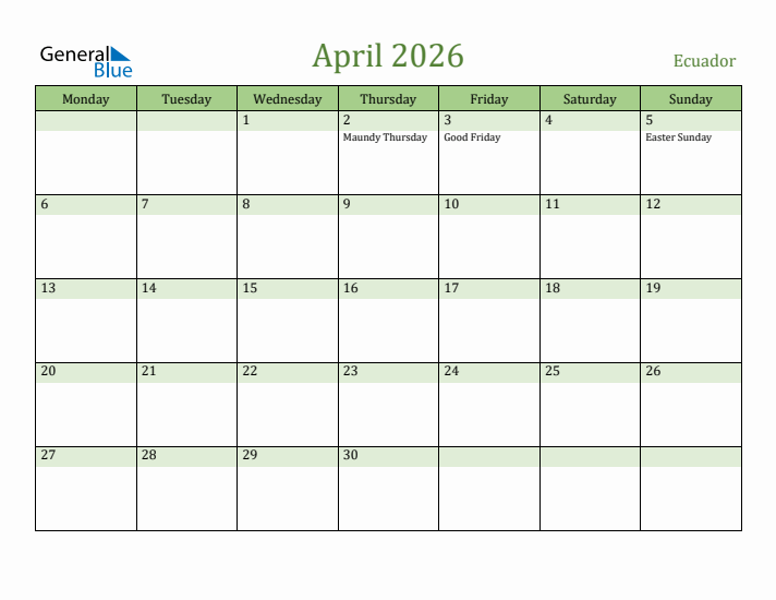 April 2026 Calendar with Ecuador Holidays