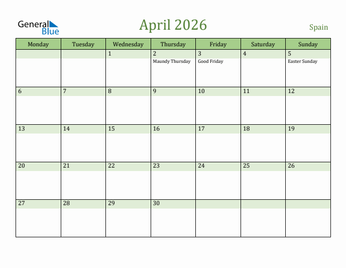 April 2026 Calendar with Spain Holidays