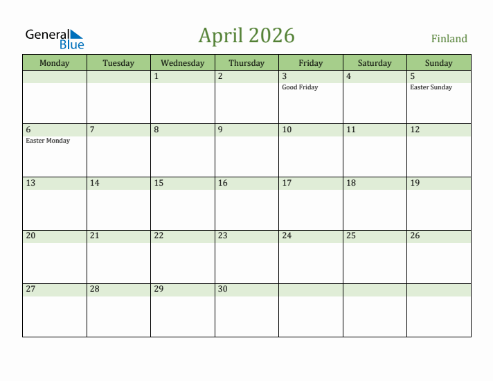April 2026 Calendar with Finland Holidays