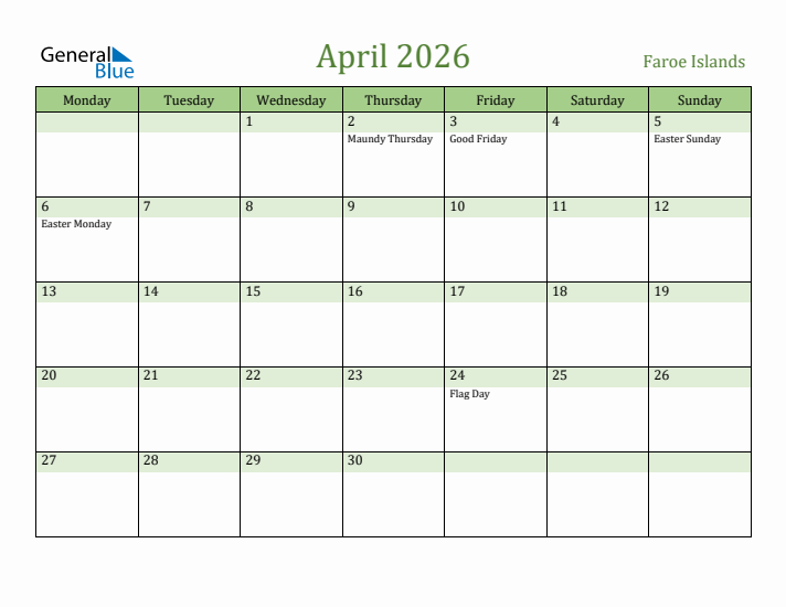 April 2026 Calendar with Faroe Islands Holidays