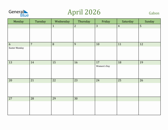 April 2026 Calendar with Gabon Holidays