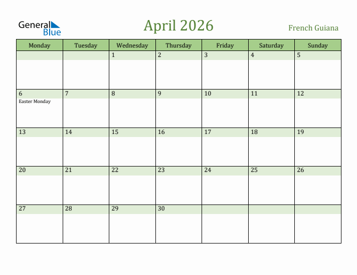 April 2026 Calendar with French Guiana Holidays