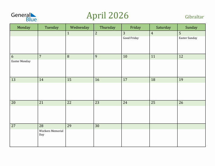 April 2026 Calendar with Gibraltar Holidays