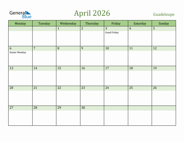 April 2026 Calendar with Guadeloupe Holidays