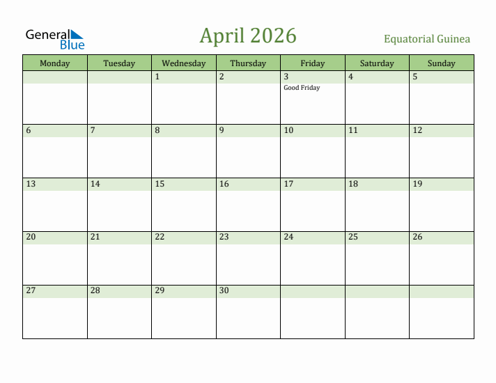 April 2026 Calendar with Equatorial Guinea Holidays