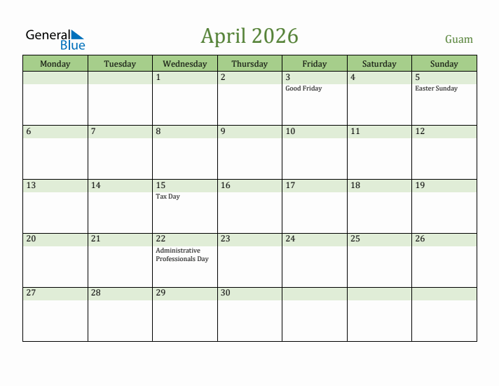 April 2026 Calendar with Guam Holidays
