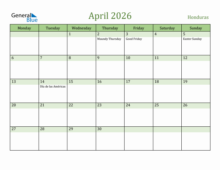 April 2026 Calendar with Honduras Holidays