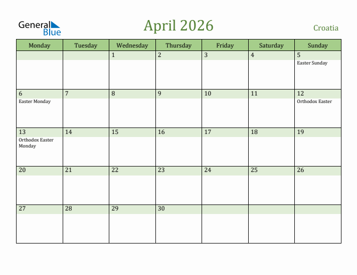 April 2026 Calendar with Croatia Holidays
