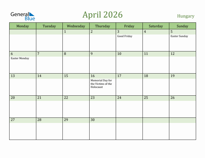 April 2026 Calendar with Hungary Holidays