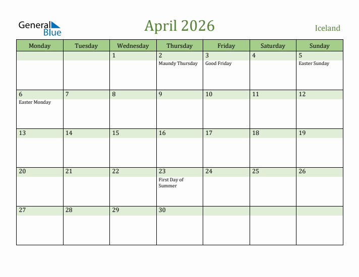 April 2026 Calendar with Iceland Holidays