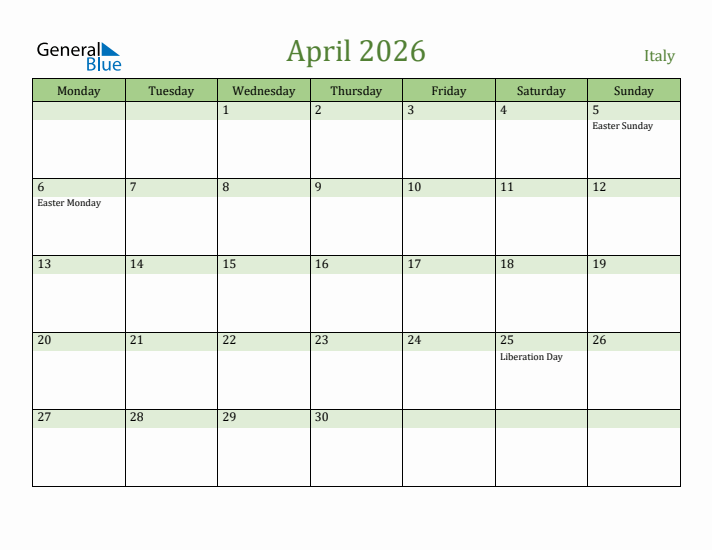 April 2026 Calendar with Italy Holidays