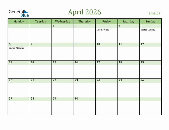 April 2026 Calendar with Jamaica Holidays