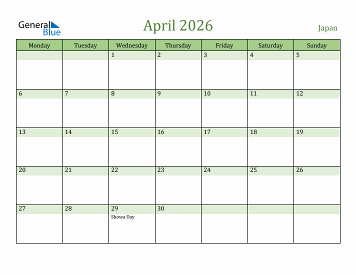 April 2026 Calendar with Japan Holidays