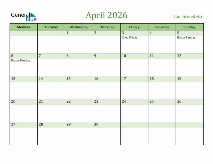 April 2026 Calendar with Liechtenstein Holidays