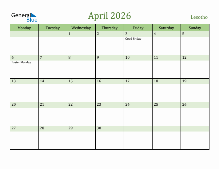 April 2026 Calendar with Lesotho Holidays
