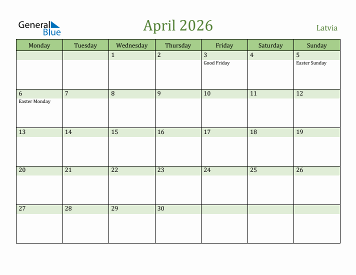 April 2026 Calendar with Latvia Holidays