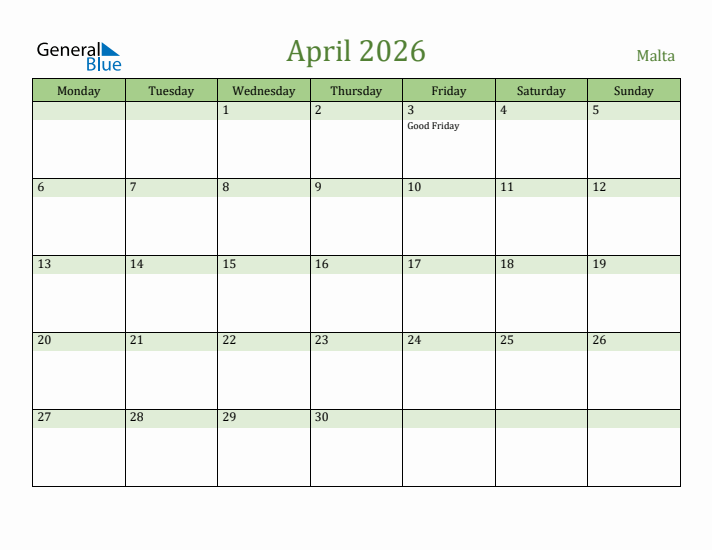 April 2026 Calendar with Malta Holidays