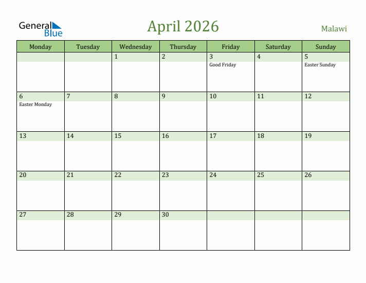 April 2026 Calendar with Malawi Holidays