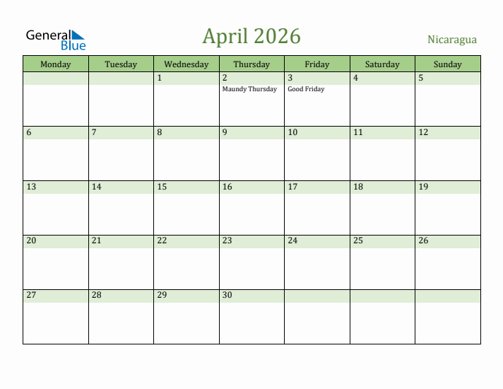 April 2026 Calendar with Nicaragua Holidays