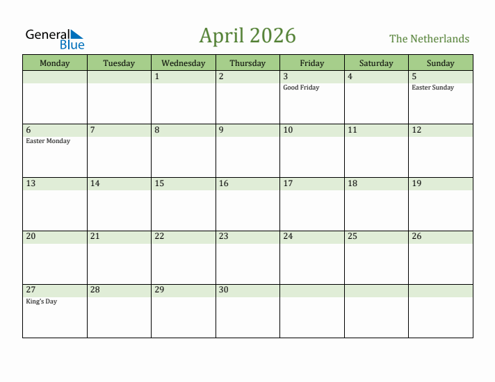 April 2026 Calendar with The Netherlands Holidays