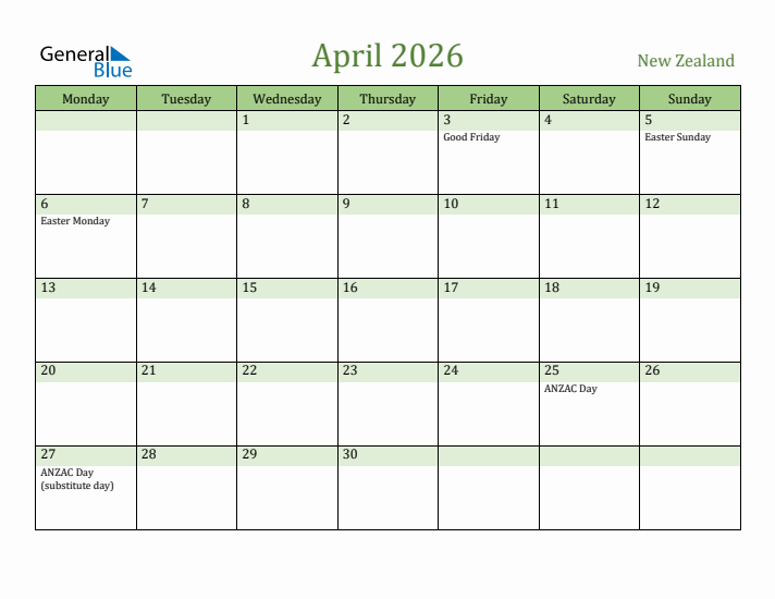 April 2026 Calendar with New Zealand Holidays