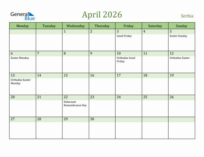 April 2026 Calendar with Serbia Holidays
