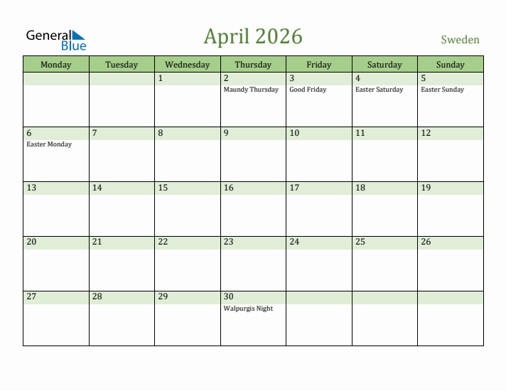 April 2026 Calendar with Sweden Holidays