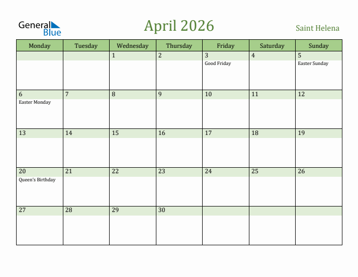 April 2026 Calendar with Saint Helena Holidays