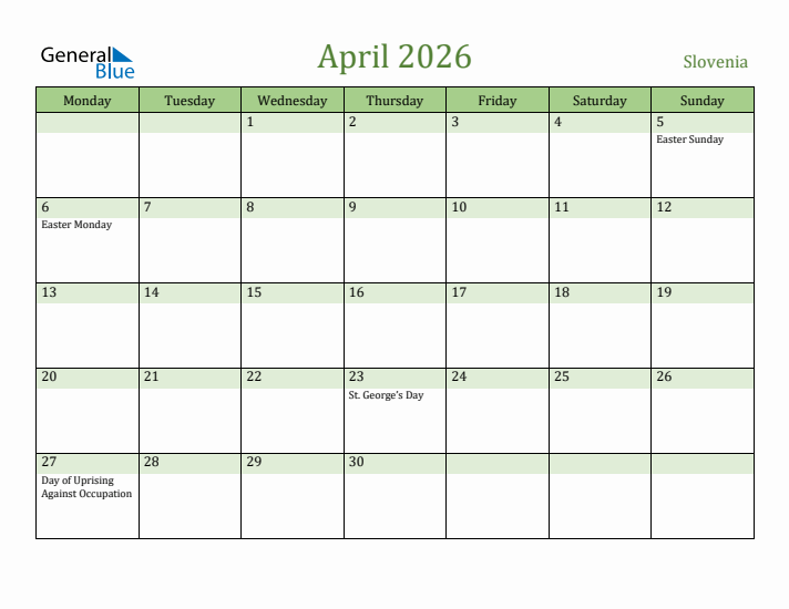 April 2026 Calendar with Slovenia Holidays