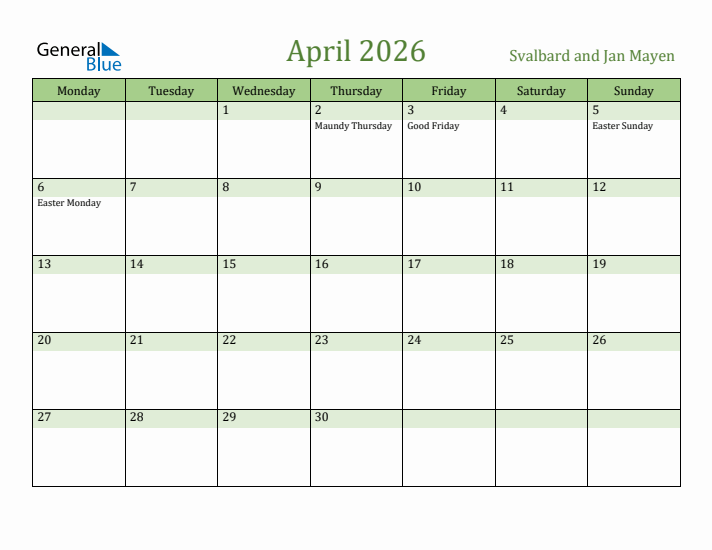 April 2026 Calendar with Svalbard and Jan Mayen Holidays