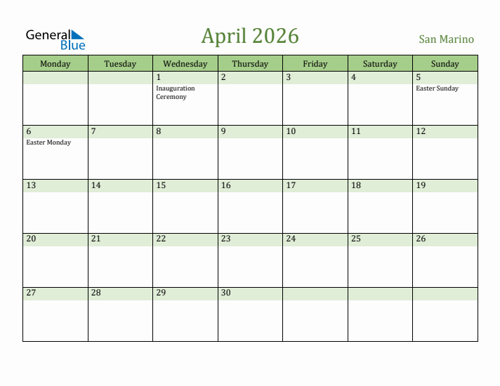 April 2026 Calendar with San Marino Holidays