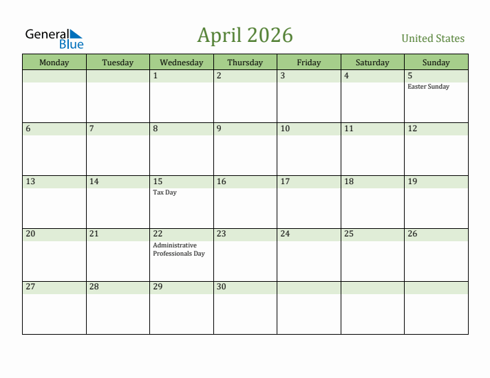 April 2026 Calendar with United States Holidays