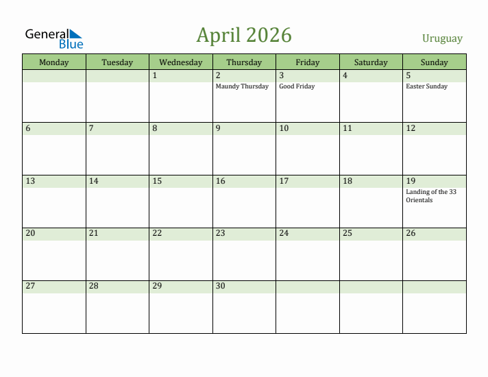 April 2026 Calendar with Uruguay Holidays