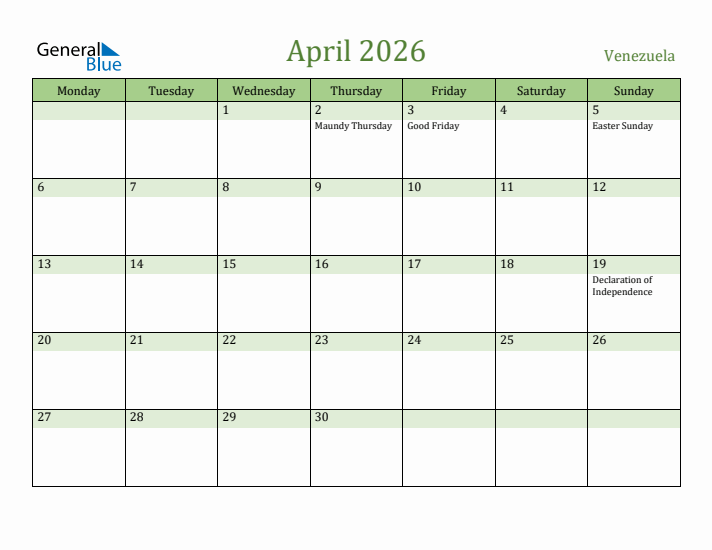 April 2026 Calendar with Venezuela Holidays