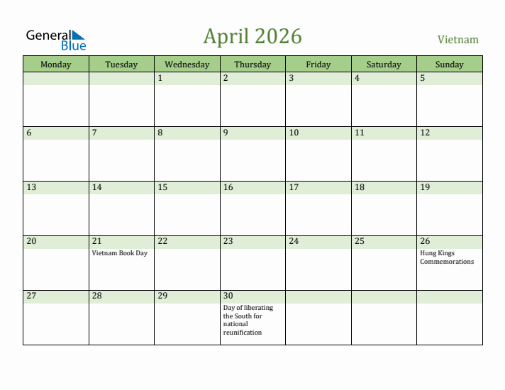 April 2026 Calendar with Vietnam Holidays