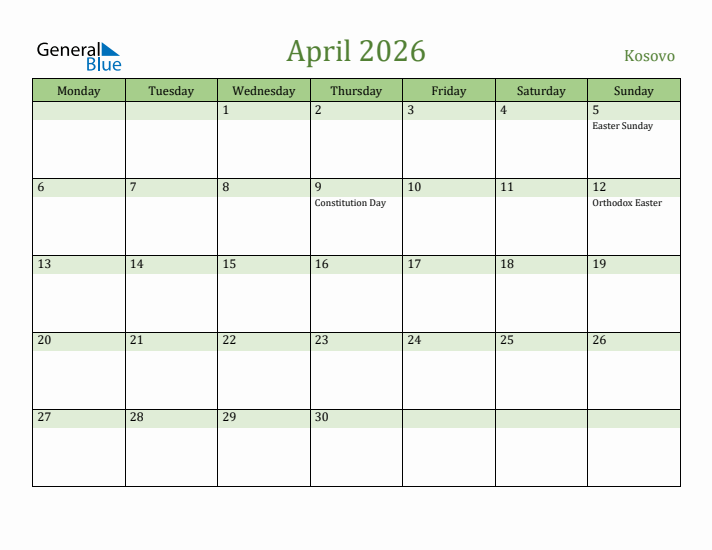 April 2026 Calendar with Kosovo Holidays