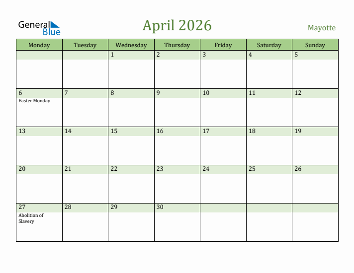 April 2026 Calendar with Mayotte Holidays