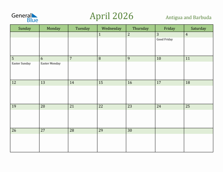 April 2026 Calendar with Antigua and Barbuda Holidays