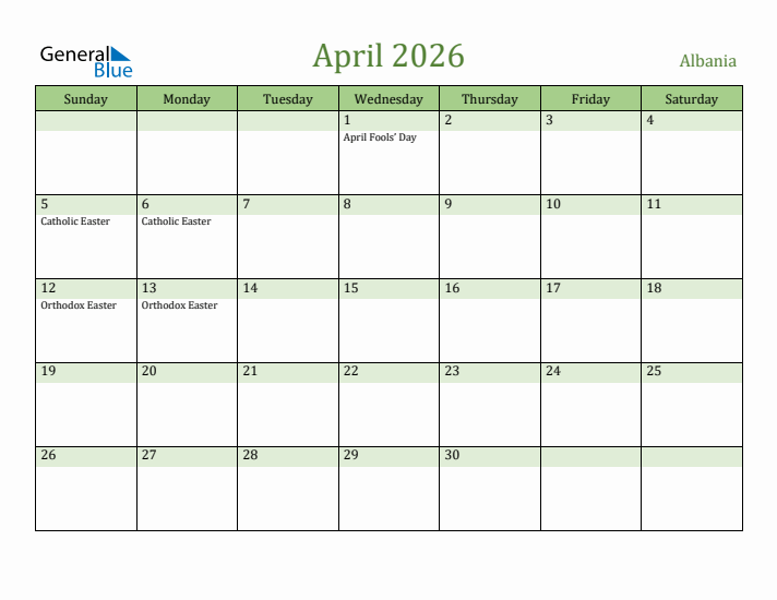 April 2026 Calendar with Albania Holidays