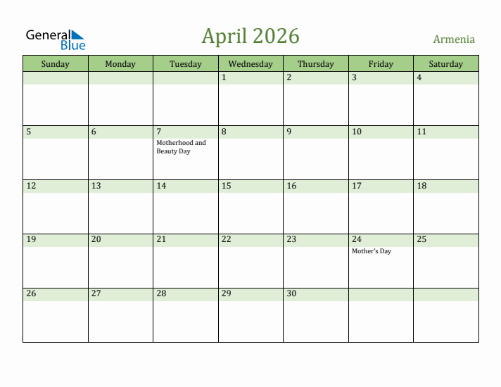 April 2026 Calendar with Armenia Holidays