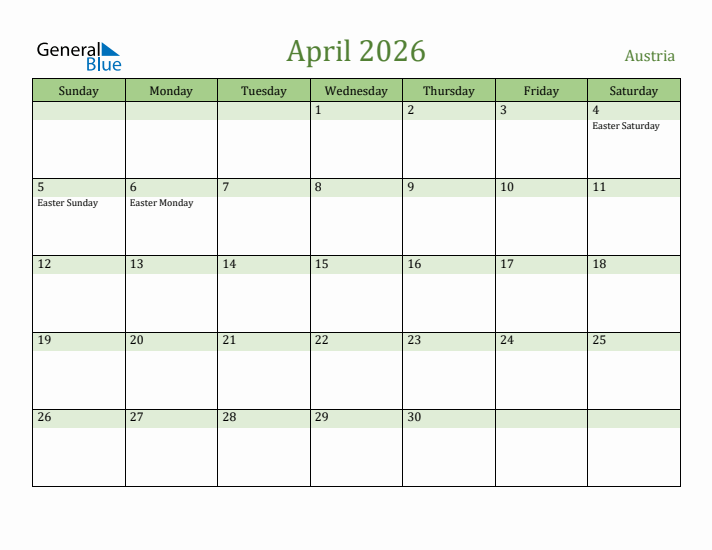 April 2026 Calendar with Austria Holidays