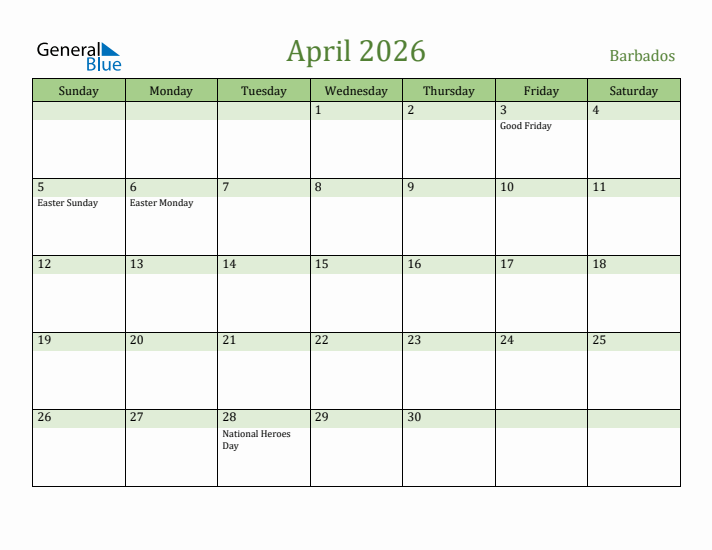 April 2026 Calendar with Barbados Holidays