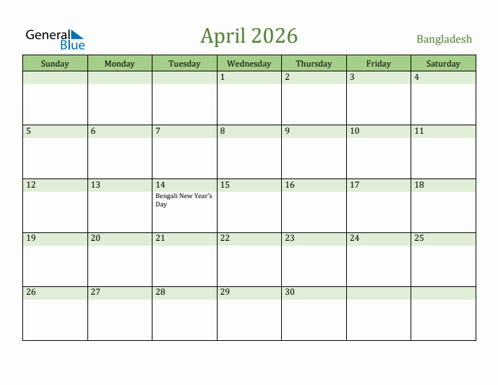 April 2026 Calendar with Bangladesh Holidays