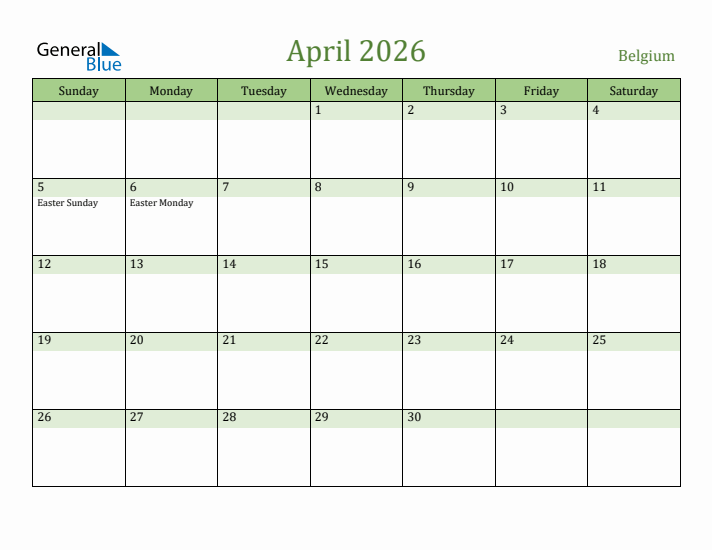 April 2026 Calendar with Belgium Holidays