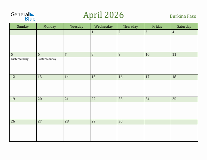 April 2026 Calendar with Burkina Faso Holidays