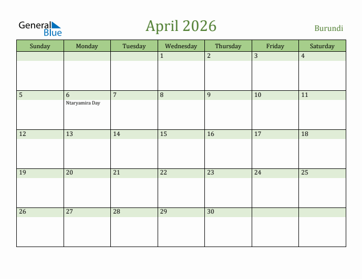 April 2026 Calendar with Burundi Holidays