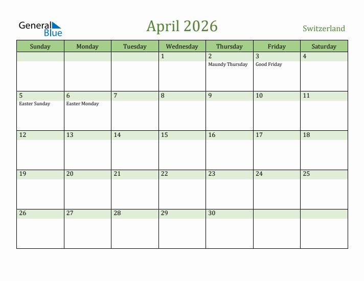 April 2026 Calendar with Switzerland Holidays