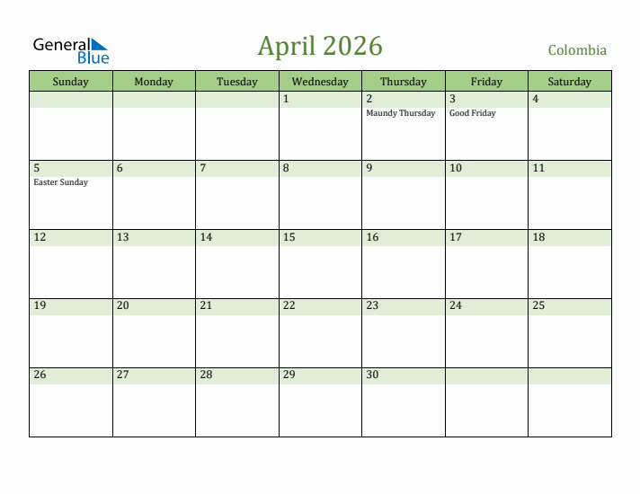 April 2026 Calendar with Colombia Holidays