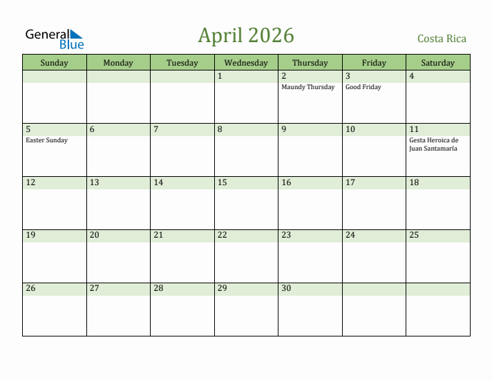 April 2026 Calendar with Costa Rica Holidays