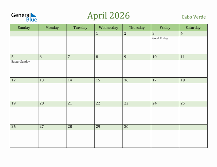 April 2026 Calendar with Cabo Verde Holidays